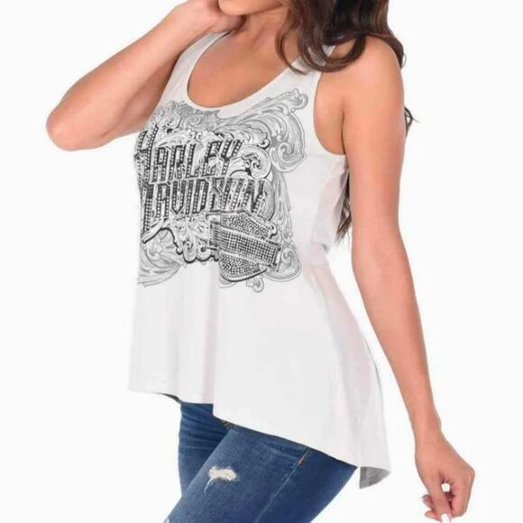 Harley-Davidson Lt Gray Split Twist Open Back Rhinestone Hi-lo Tank Top L - Picture 1 of 6